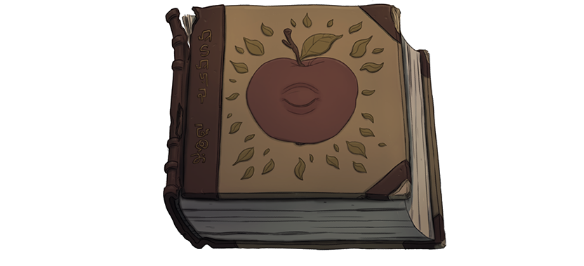 A book with an apple with an eye.